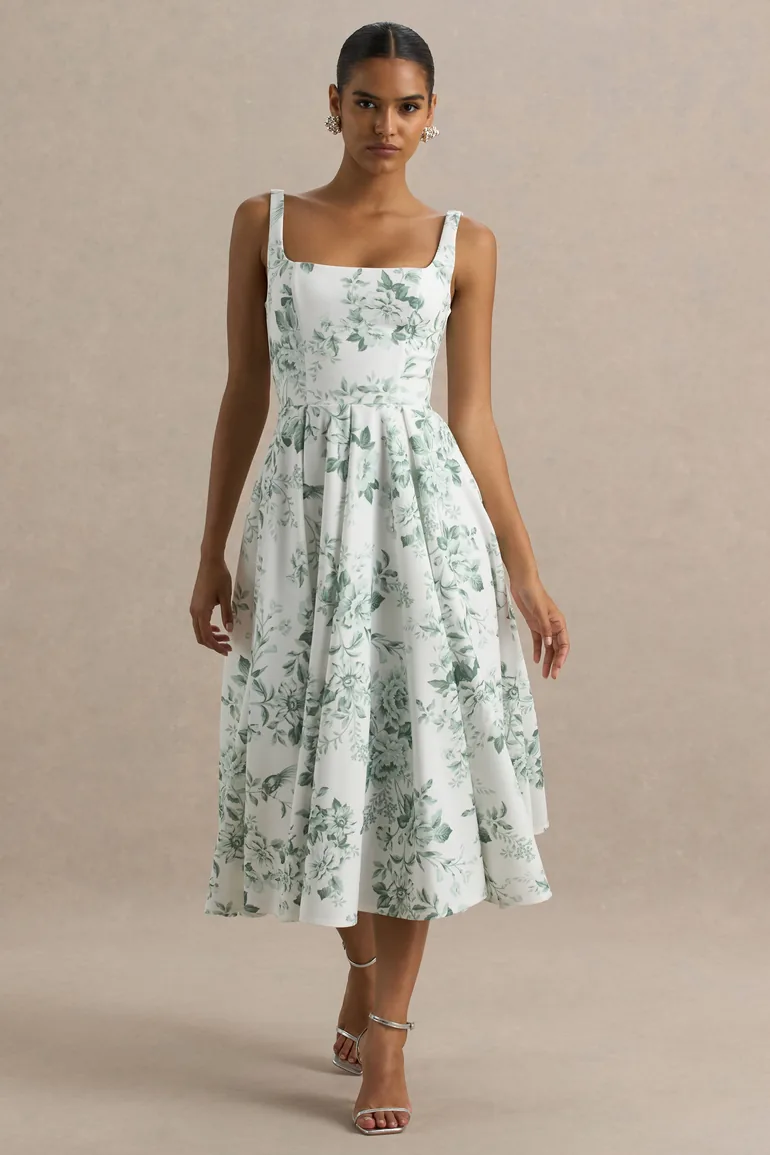 Lissa | Green Porcelain Print Square-Neck Dress - 1