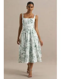 Lissa | Green Porcelain Print Square-Neck Dress - 1