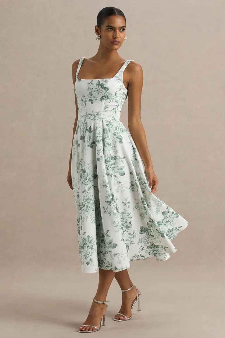 Lissa | Green Porcelain Print Square-Neck Dress - 3