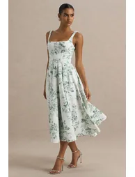 Lissa | Green Porcelain Print Square-Neck Dress - 3