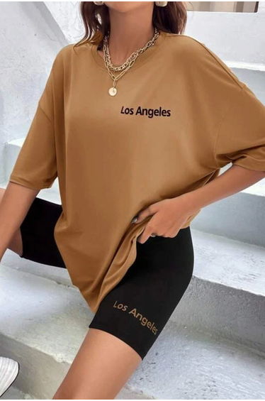 Women's Oversize Brown Printed Tshirt-leggings Suit