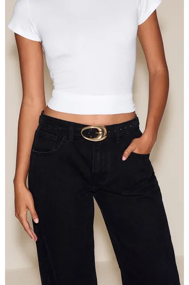 Black Smooth Oval Buckle Skinny Belt