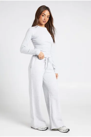 Crew Neck Long Sleeve Top And Straight Leg Jogger Tracksuit - ash grey