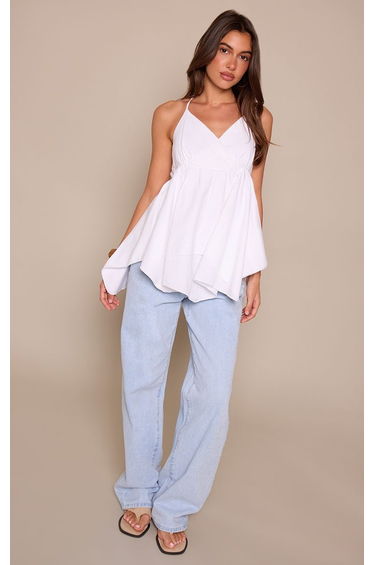 White Cotton Linen Blend Frill Detail Cami Top
