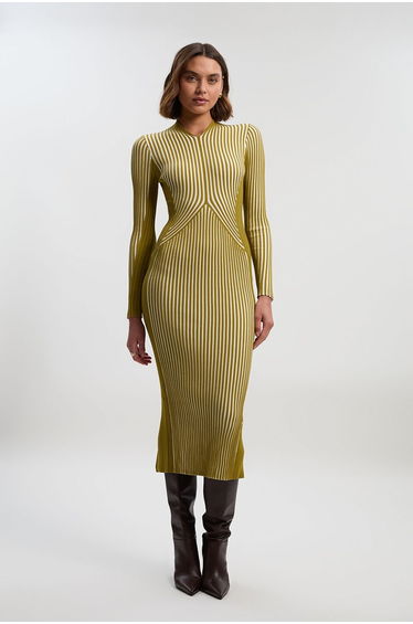 Stripe Fitted Long Sleeve Knitted Midi Dress