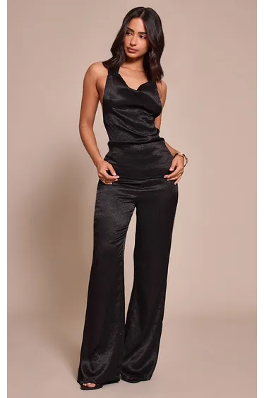 Petite Black Textured Halterneck Tie Long Top