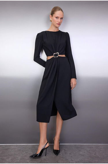 Black Cut Out and Accessory Detail Wrap Skirt Midi Woven Dress