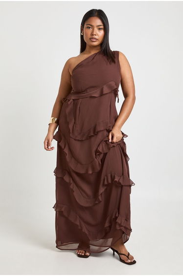 Plus Chiffon Asymmetric Maxi Dress - chocolate