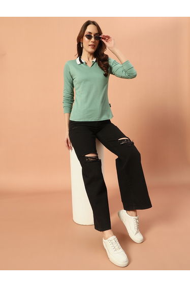 Women Green Cotton Polo T-Shirt