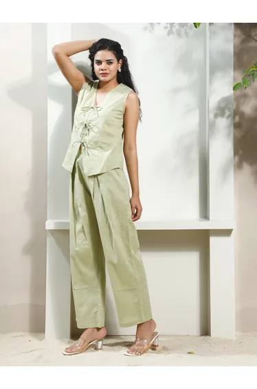 Green Cotton Tie-Front Top and Trousers Co-ords