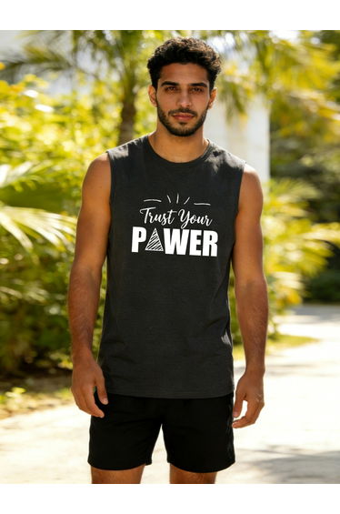 Men Charcoal Text Print Round Neck Tank and Shorts Co-Ords