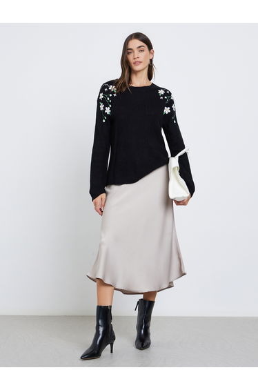 Black Floral Embroidered Chunky Knit Sweater