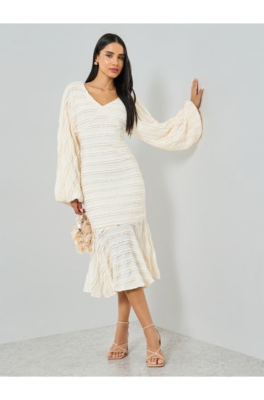 Off-White Balloon Sleeve Mermaid Hem Midi Dress