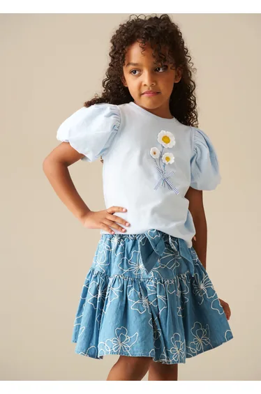 Maya Embroidered Denim Bow Skirt