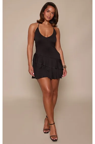 Shape Black Frill Hem Halterneck Mini Dress