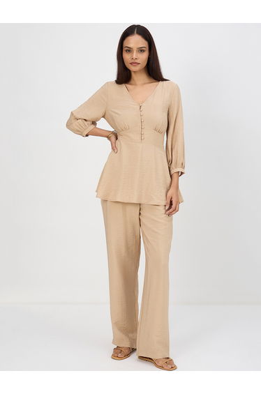 Women Beige V-Neck Top and Trousers Co-Ords