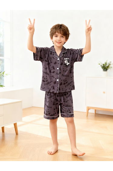 Boys Panda Print Pocket Detail Shirt and Shorts Pyjama Set