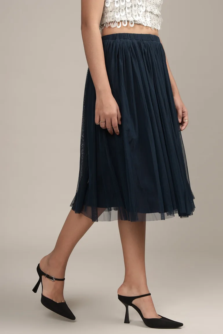 Merlin Navy Tulle Midi Skirt - 2