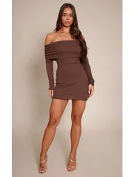 Chocolate Onion Skin Bardot Ruched Bodycon Dress - 2