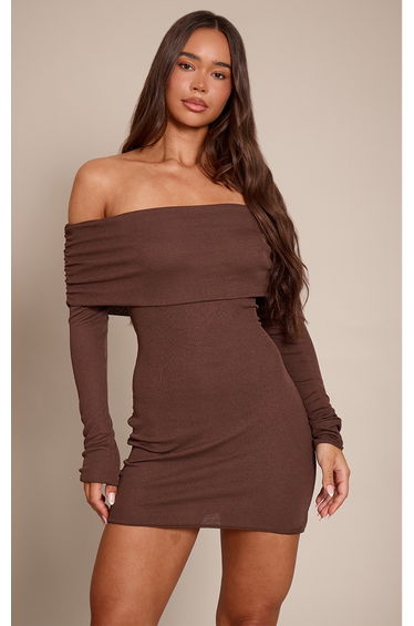 Chocolate Onion Skin Bardot Ruched Bodycon Dress