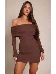 Chocolate Onion Skin Bardot Ruched Bodycon Dress - 5