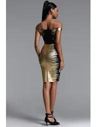 Racy Chic Contour Off Shoulder Metallic Bandage Mini Dress - 4