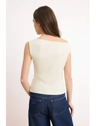 Stone Fitted/Bodysuit Crew Neck Sleeveless Ruched Corded Fabric Stretchy Modal Knitted Blouse - 3