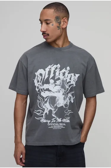 Oversized Washed Renaissance Print T-Shirt - charcoal