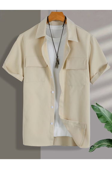 Men Beige Short Sleeve Button-Down Shirt