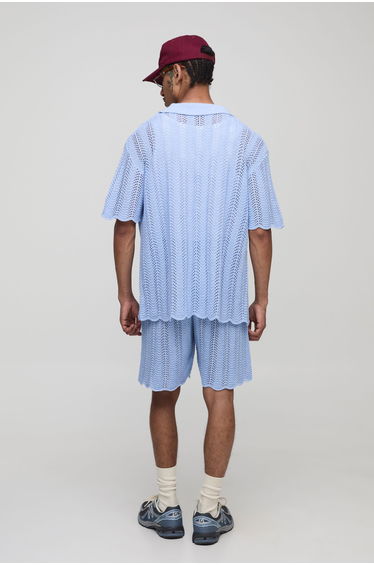 MAN Relaxed Embroidered Wavy Crochet Knitted Short - light blue