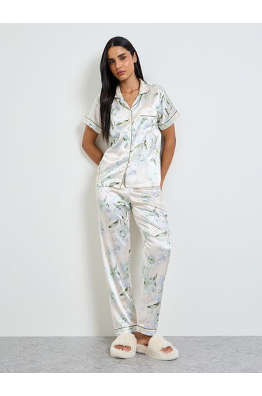 Off White Satin Floral Shirt and Pyjama Set