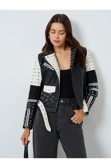 Color Block Studded Biker Jacket