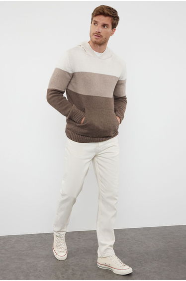 Ecru FL Regular Hooded Color Blocked Knitwear Sweater