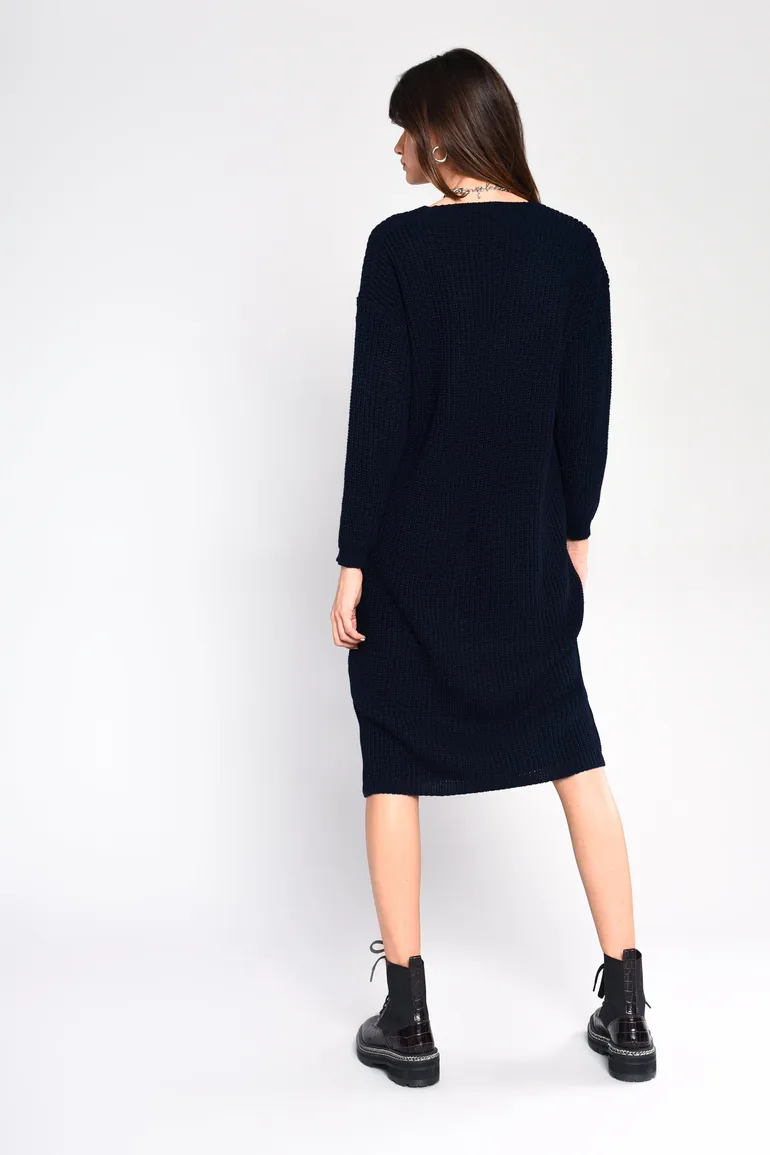 Glamorous Black Ribbed V-Neck Long Sleeve Midi Jumper Dress - 1