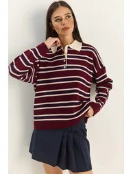 LUCCI Striped Polo Collar Button Sweater - 4