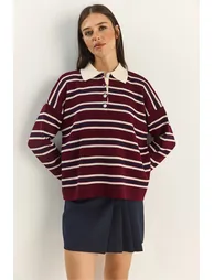 LUCCI Striped Polo Collar Button Sweater - 2