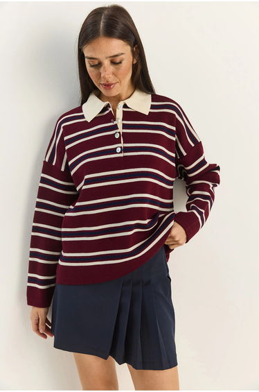 LUCCI Striped Polo Collar Button Sweater