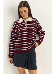 LUCCI Striped Polo Collar Button Sweater