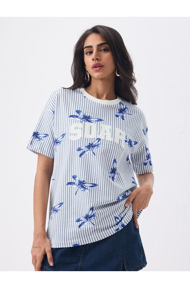 Blue Striped Oversized Cotton T-Shirt