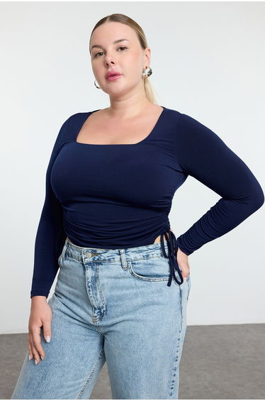 Navy Blue Sandy Knitted Plus Size Blouse