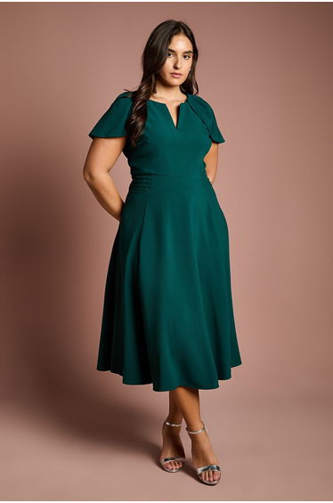 Plus V Neck Short Sleeve Ponte Midi Dress