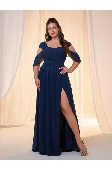 فستان ليلي شيفون كحلي طول الأرض على شكل حرف A