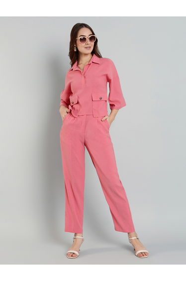 Women Pink Buttoned Shirt and Pants Co-Ords