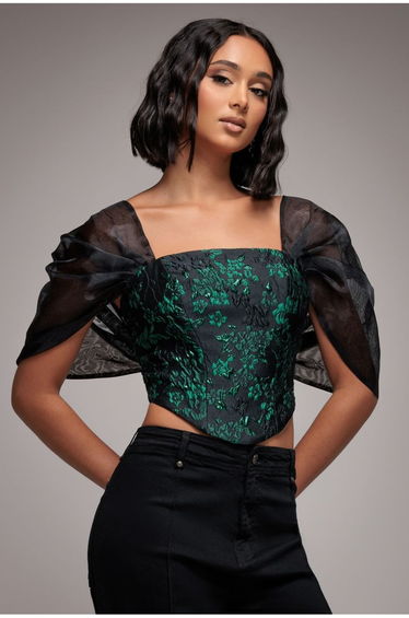 Off Shoulder Jacquard Top With Organza Wings - Emerald Black by Goddiva