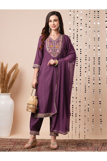 Sequined Floral Embroidered V-Neck Straight Kurta with Pants and Dupatta Set