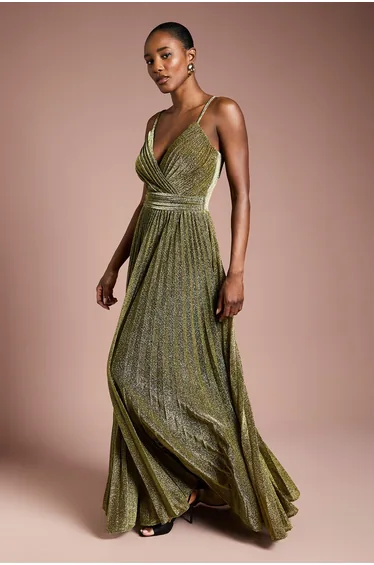 V neck Cami Shimmer Pleated Maxi Dress