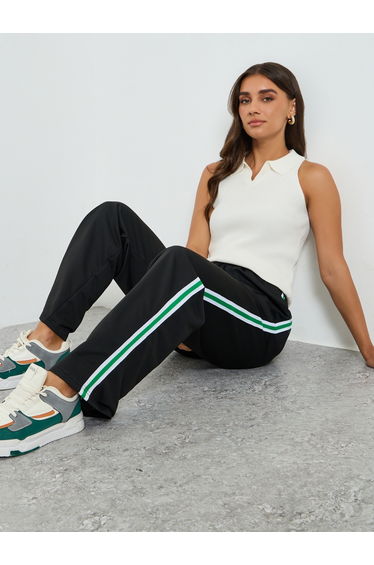 Women Black Wide Leg Joggers with Side Stripe