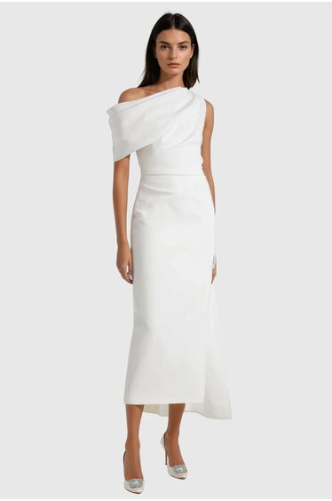 Candidus Shawl Ruch Asymmetric Midi Dress In White