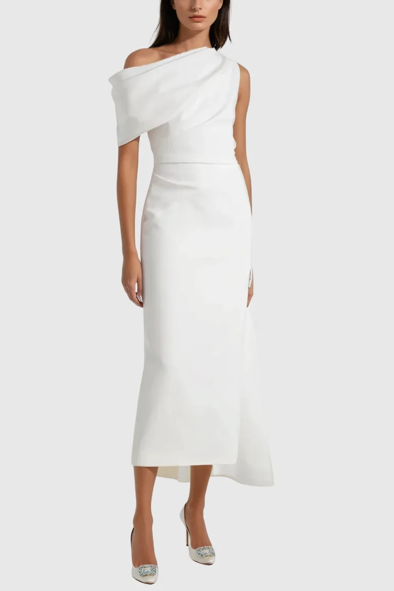 Candidus Shawl Ruch Asymmetric Midi Dress In White - 1