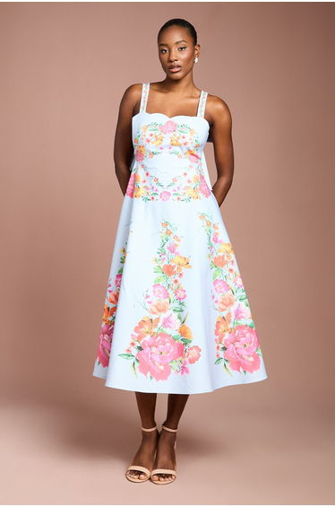 Square Neck Floral Placement Print Full Skirted Cotton Dress